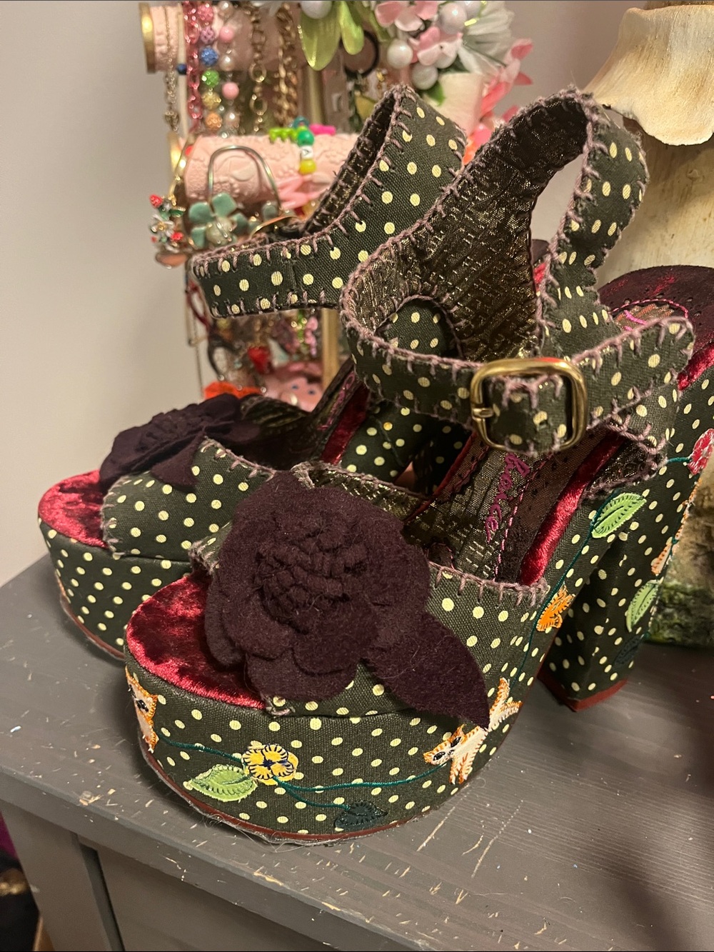 Irregular Choice Green Polka Dot Floral Platform Sandals - Picture 9 of 15